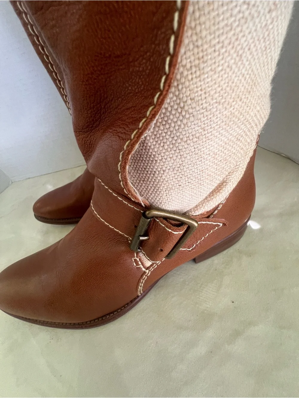 Women’s Corso Como  Tall Brown and Cream  canvas Buckle Riding Boots